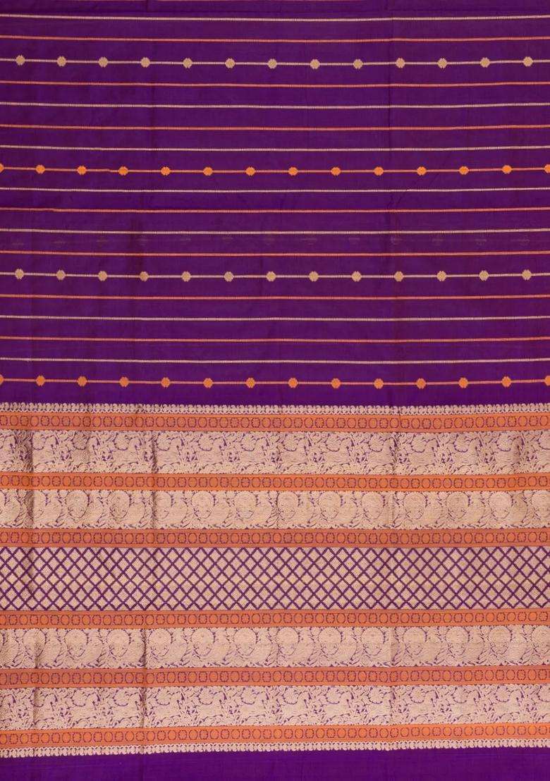 Purple Handloom Kanchi Cotton Saree With Silk Border With Checks And Stripes Design For Women - Indya