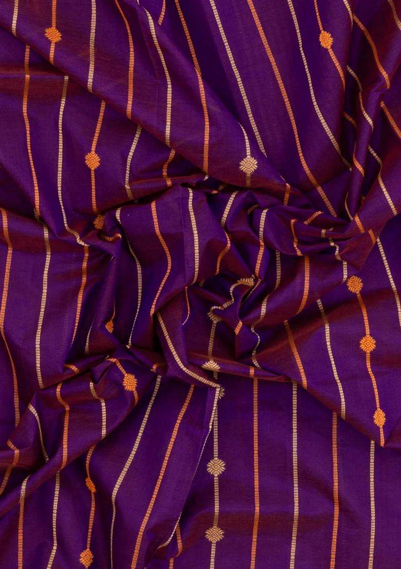 Purple Handloom Kanchi Cotton Saree With Silk Border With Checks And Stripes Design For Women - Indya