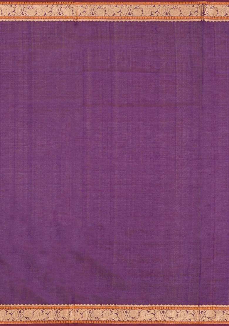 Purple Handloom Kanchi Cotton Saree With Silk Border With Checks And Stripes Design For Women - Indya