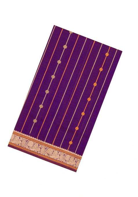 Purple Handloom Kanchi Cotton Saree With Silk Border With Checks And Stripes Design For Women