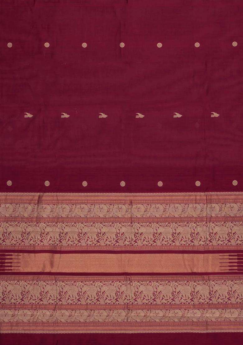 Crimson Handloom Kanchi Cotton Saree With Buttas With Buttas And Brocade Design For Women - Indya