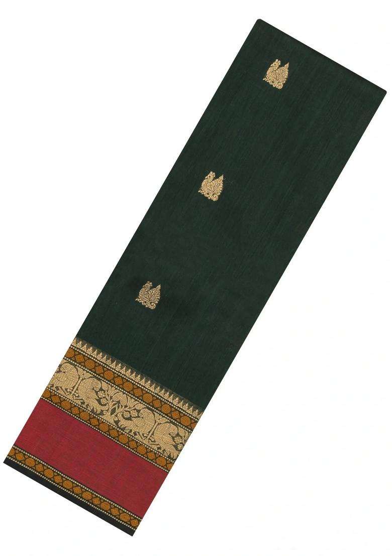 Bottle Green Handloom Kanchi Cotton Saree With Buttas With Buttas And Brocade Design For Women - Indya