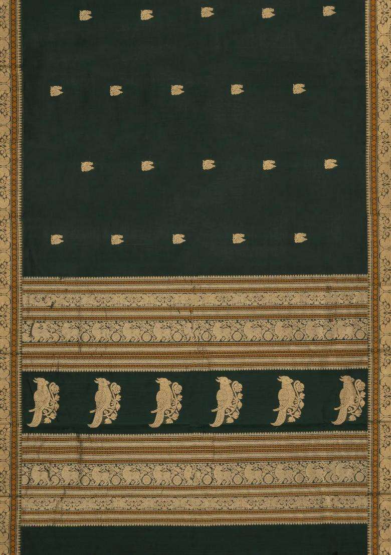 Bottle Green Handloom Kanchi Cotton Saree With Buttas With Buttas And Brocade Design For Women - Indya