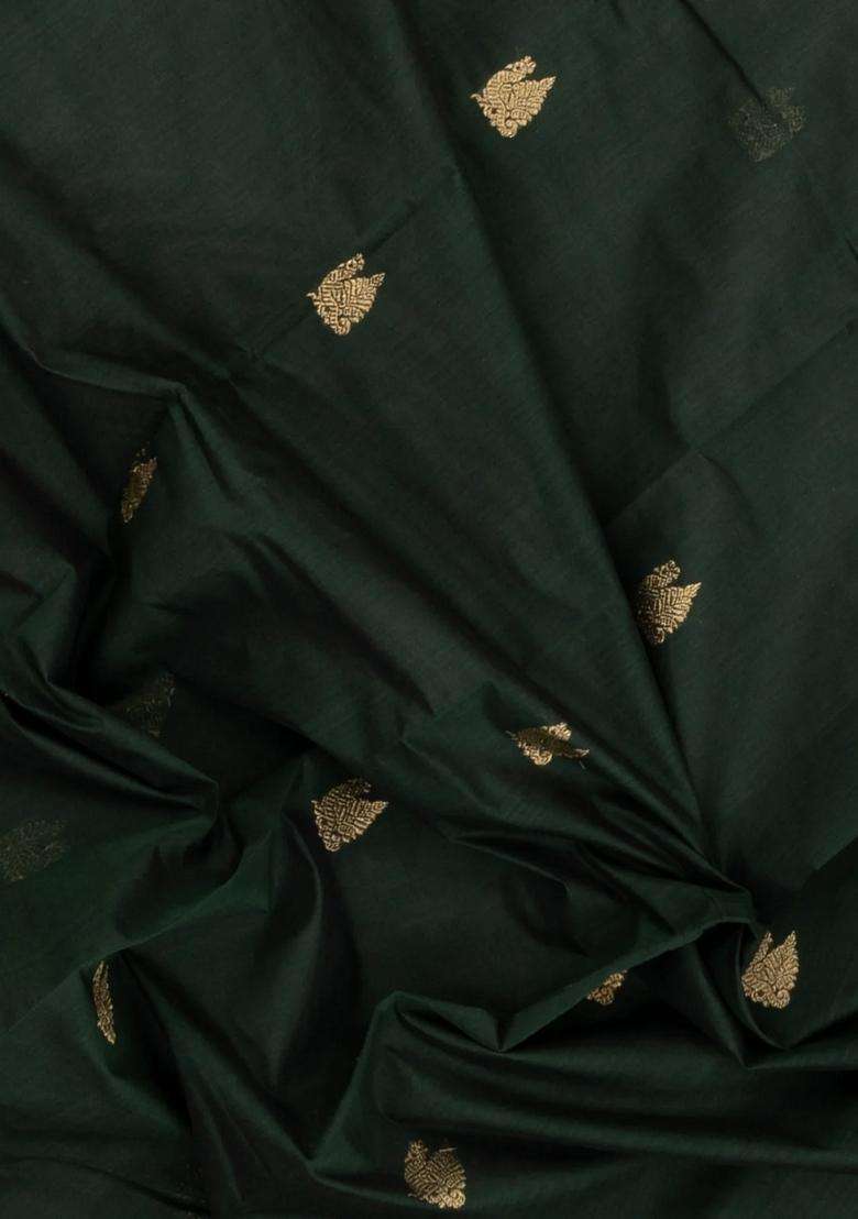 Bottle Green Handloom Kanchi Cotton Saree With Buttas With Buttas And Brocade Design For Women - Indya
