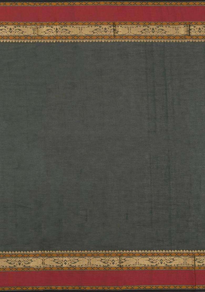 Bottle Green Handloom Kanchi Cotton Saree With Buttas With Buttas And Brocade Design For Women - Indya