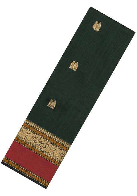 Bottle Green Handloom Kanchi Cotton Saree With Buttas With Buttas And Brocade Design For Women