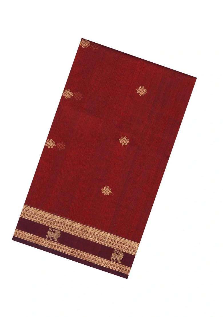 Maroon Handloom Kanchi Cotton Saree With Silk Border With Buttas And Brocade Design For Women - Indya