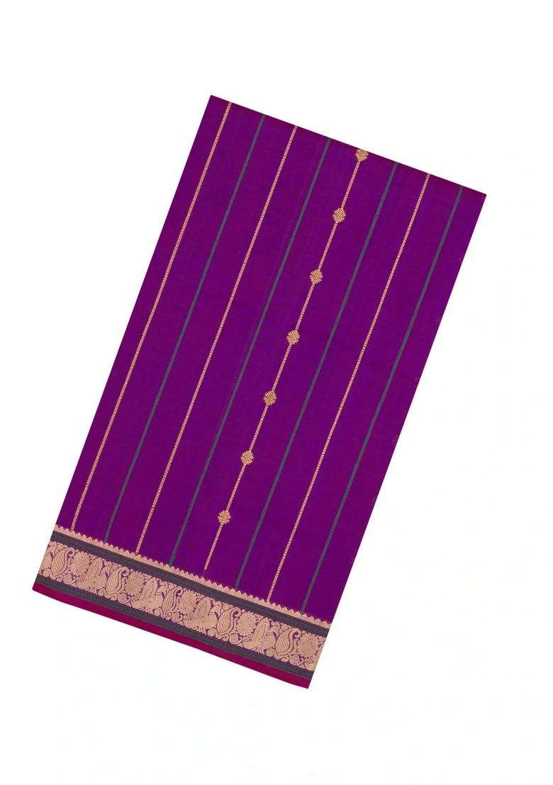 Purple Handloom Kanchi Cotton Saree With Silk Border With Checks And Stripes Design For Women - Indya