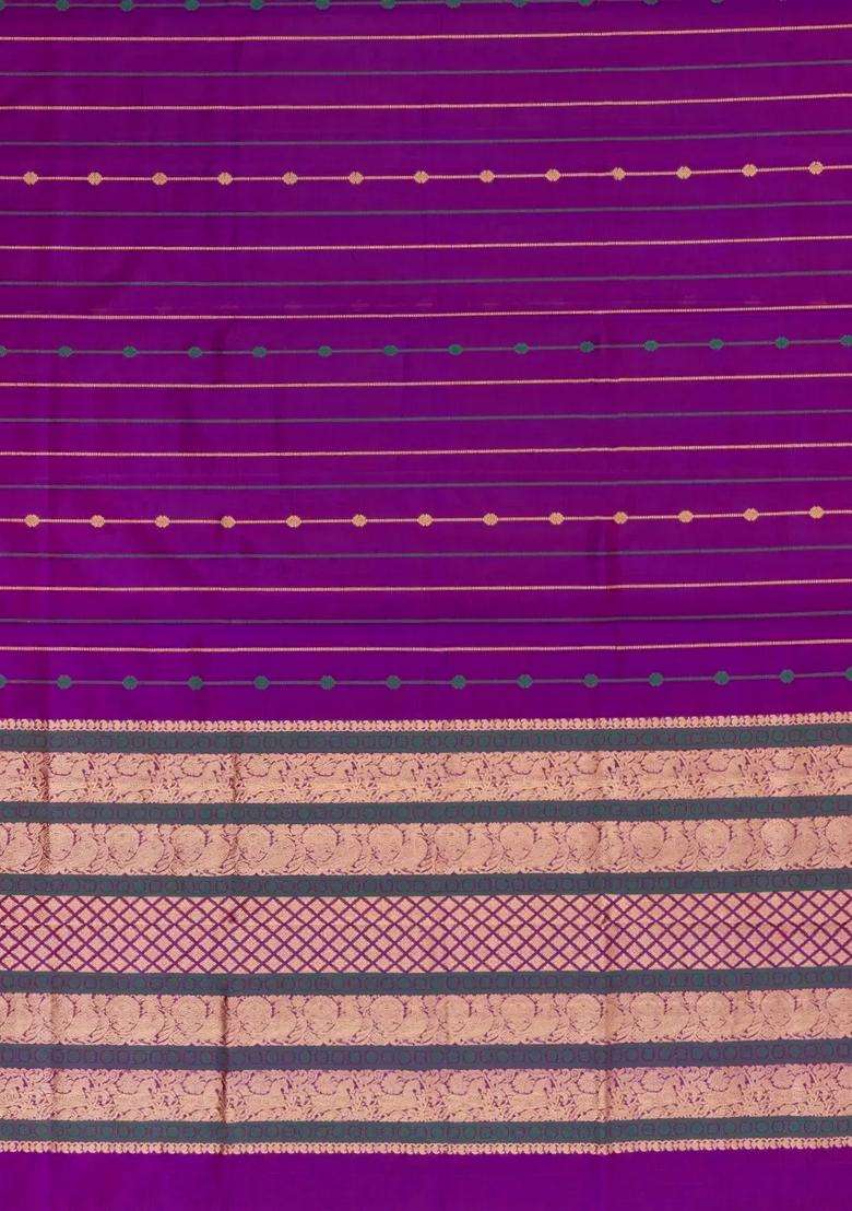 Purple Handloom Kanchi Cotton Saree With Silk Border With Checks And Stripes Design For Women - Indya