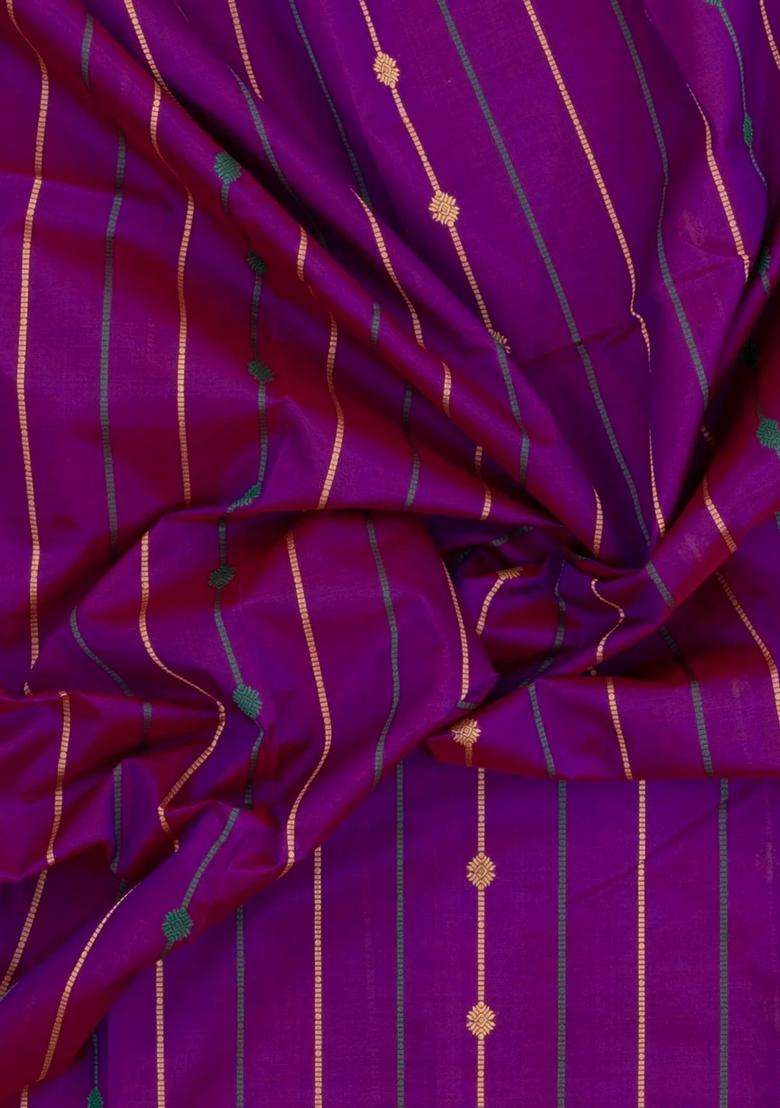 Purple Handloom Kanchi Cotton Saree With Silk Border With Checks And Stripes Design For Women - Indya