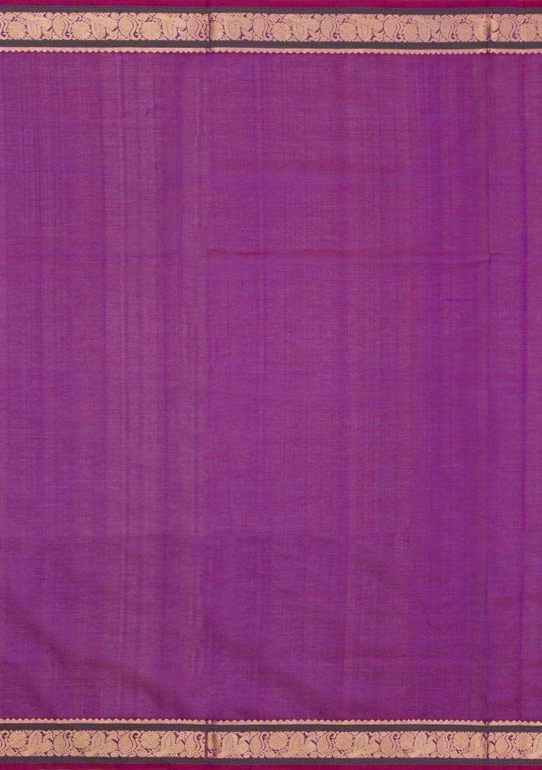 Purple Handloom Kanchi Cotton Saree With Silk Border With Checks And Stripes Design For Women - Indya