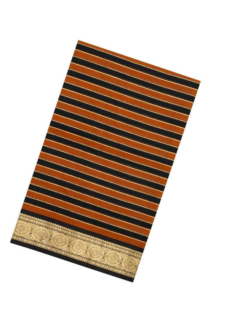 Rust Black Handloom Soft Silk Cotton Saree With Veldhari Stripes With Checks And Stripes Design For Women - Indya