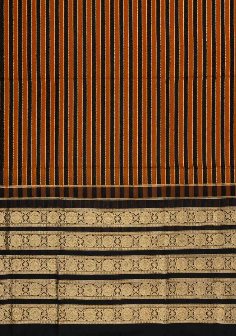 Rust Black Handloom Soft Silk Cotton Saree With Veldhari Stripes With Checks And Stripes Design For Women - Indya