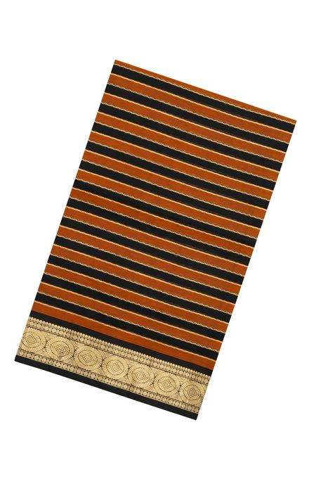 Rust Black Handloom Soft Silk Cotton Saree With Veldhari Stripes With Checks And Stripes Design For Women