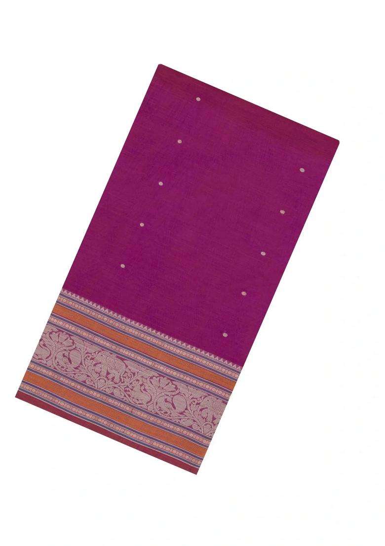Hot Pink Handloom Silk Cotton Saree With Buttas With Buttas And Brocade Design For Women - Indya