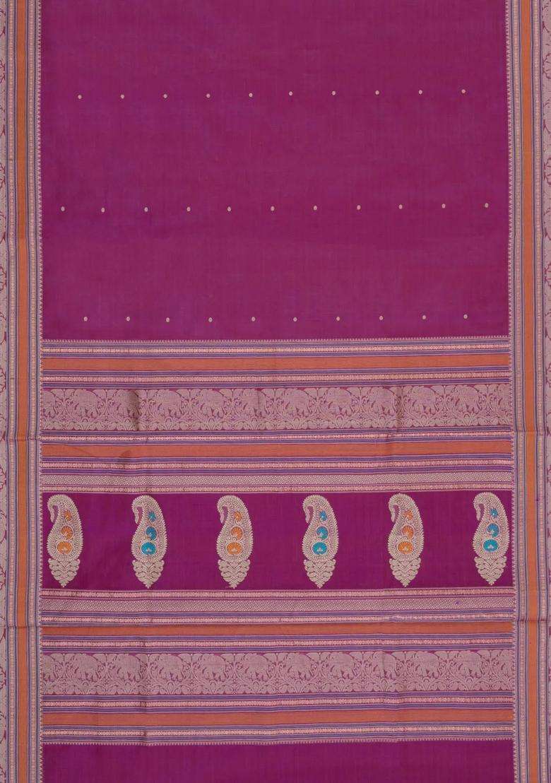 Hot Pink Handloom Silk Cotton Saree With Buttas With Buttas And Brocade Design For Women - Indya