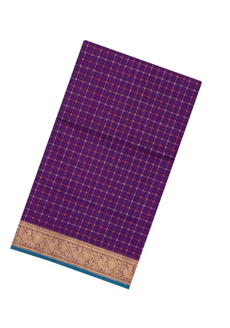 Purple Handloom Silk Cotton Saree With Dotted Checks With Checks And Stripes Design For Women - Indya