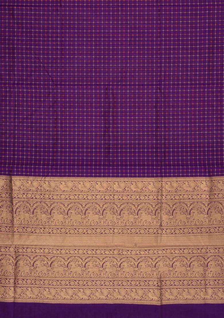 Purple Handloom Silk Cotton Saree With Dotted Checks With Checks And Stripes Design For Women - Indya