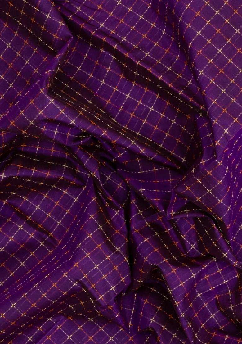 Purple Handloom Silk Cotton Saree With Dotted Checks With Checks And Stripes Design For Women - Indya
