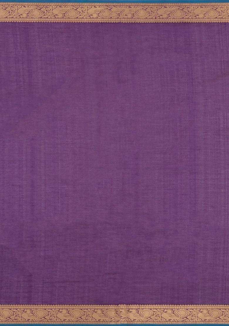 Purple Handloom Silk Cotton Saree With Dotted Checks With Checks And Stripes Design For Women - Indya