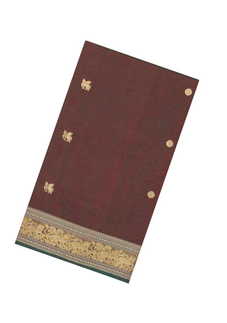Dark Brown Handloom Silk Cotton Saree With Zari Buttas With Buttas And Brocade Design For Women - Indya