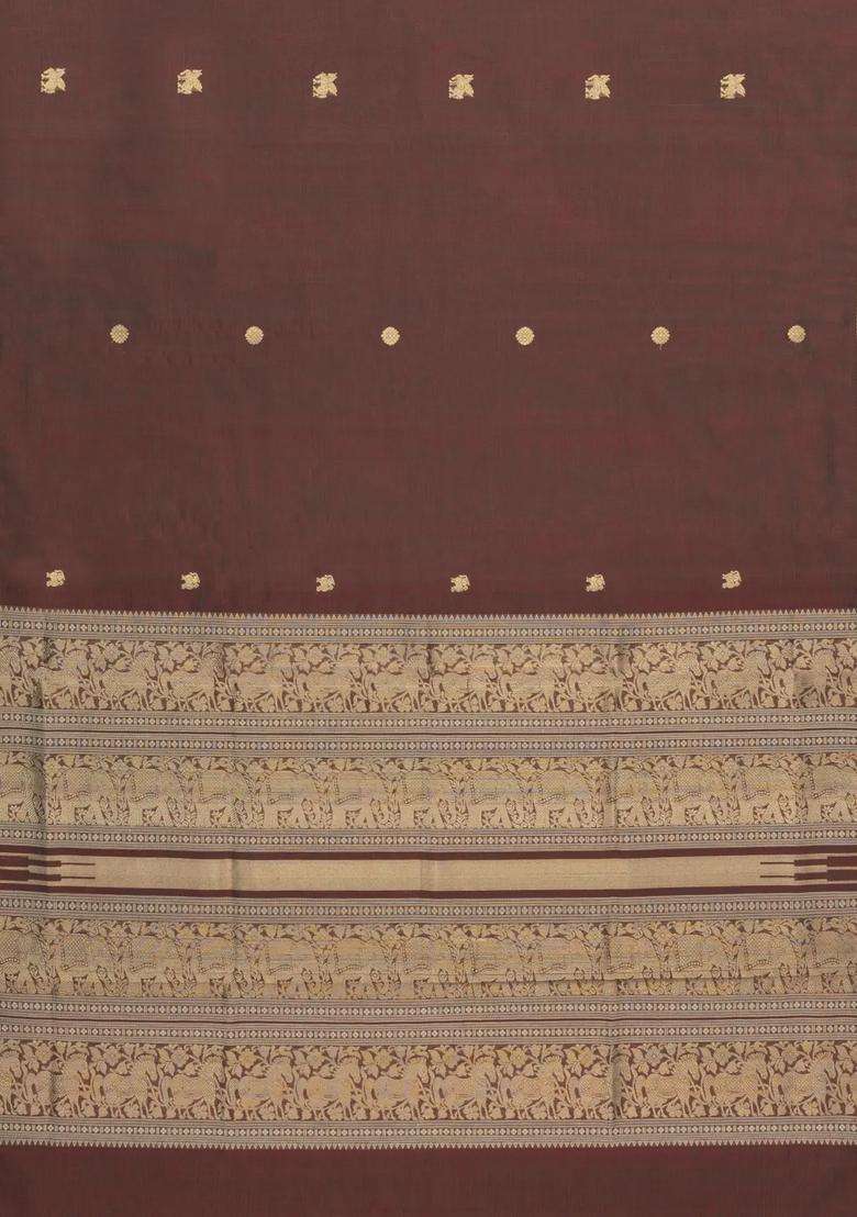 Dark Brown Handloom Silk Cotton Saree With Zari Buttas With Buttas And Brocade Design For Women - Indya
