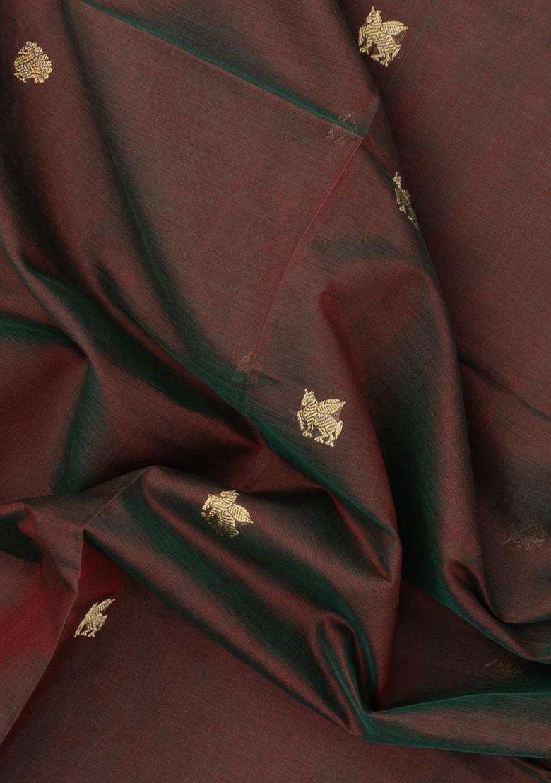 Dark Brown Handloom Silk Cotton Saree With Zari Buttas With Buttas And Brocade Design For Women - Indya