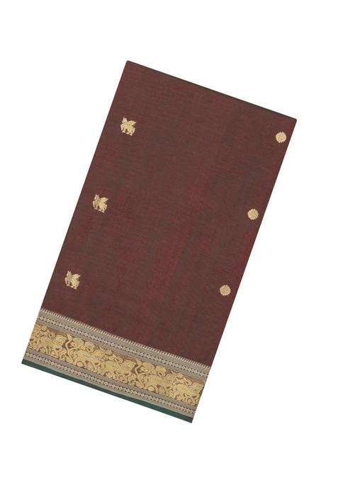 Dark Brown Handloom Silk Cotton Saree With Zari Buttas With Buttas And Brocade Design For Women