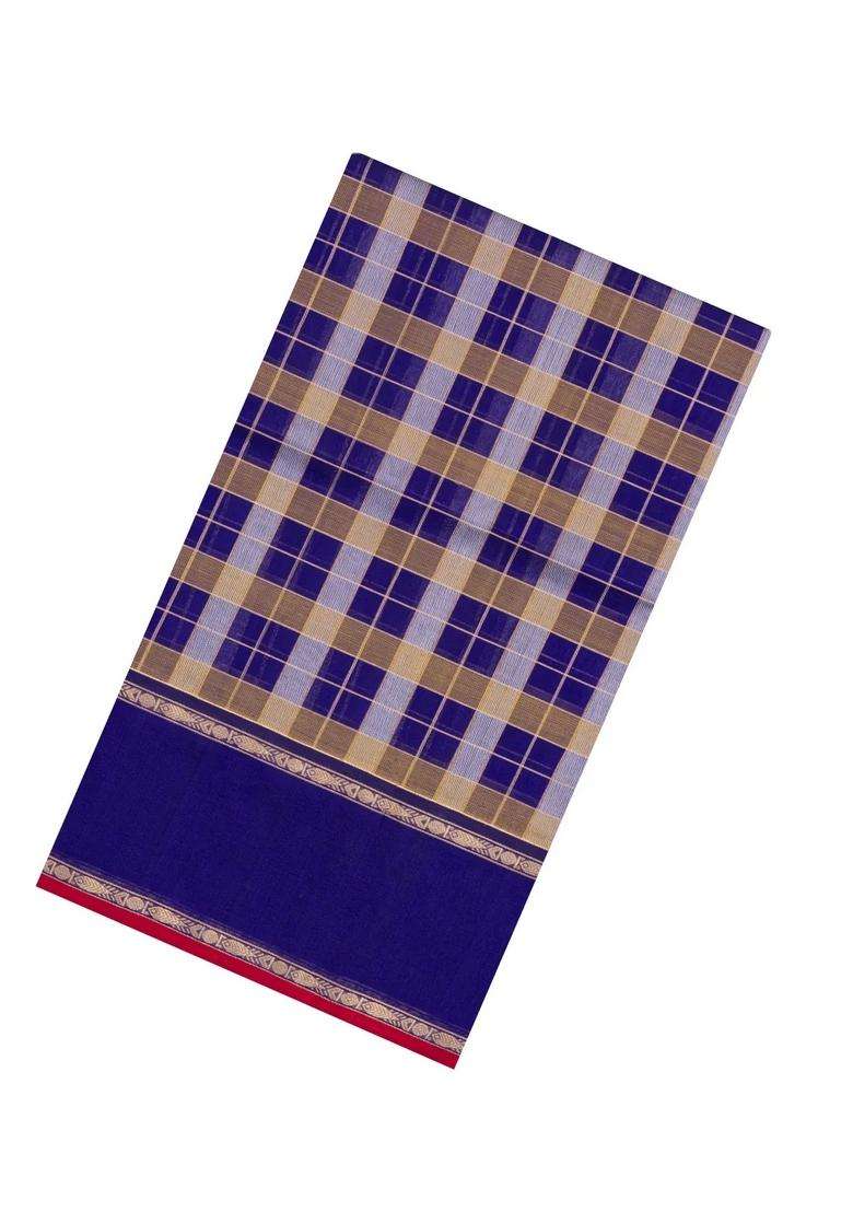 Purple Handloom Silk Cotton Saree With Zari Checks With Checks And Stripes Design For Women - Indya