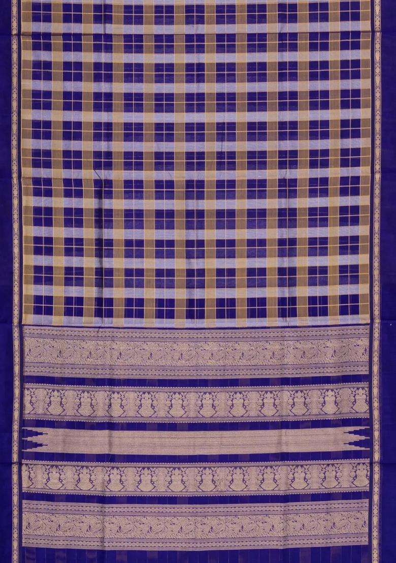 Purple Handloom Silk Cotton Saree With Zari Checks With Checks And Stripes Design For Women - Indya