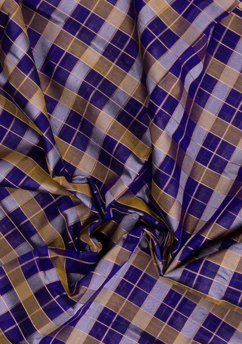 Purple Handloom Silk Cotton Saree With Zari Checks With Checks And Stripes Design For Women - Indya