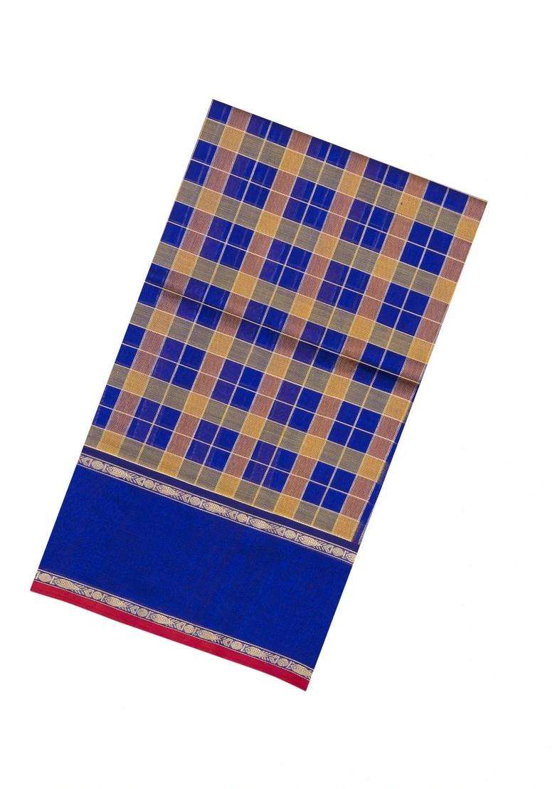 Purple Handloom Silk Cotton Saree With Zari Checks With Checks And Stripes Design For Women - Indya