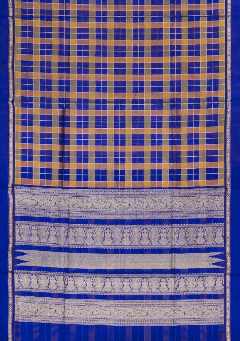 Purple Handloom Silk Cotton Saree With Zari Checks With Checks And Stripes Design For Women - Indya