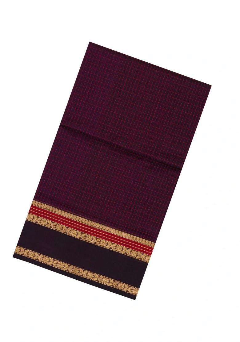 Burgundy Handloom Silk Cotton Saree With Checks With Checks And Stripes Design For Women - Indya