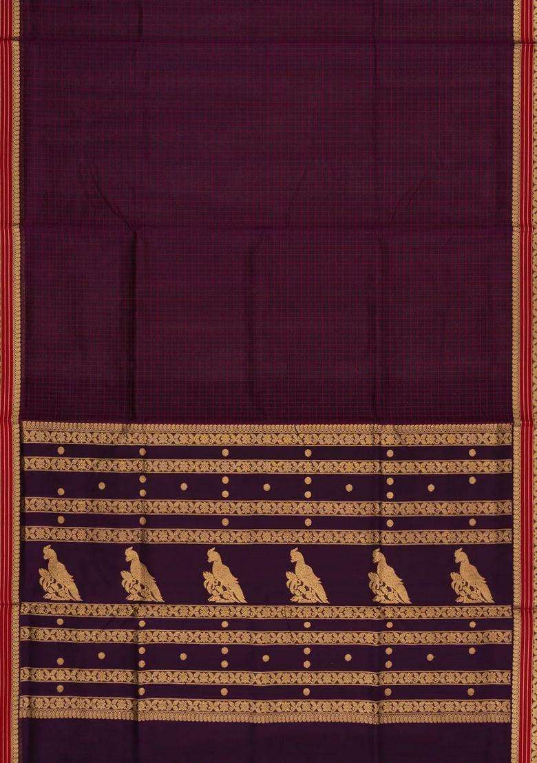 Burgundy Handloom Silk Cotton Saree With Checks With Checks And Stripes Design For Women - Indya
