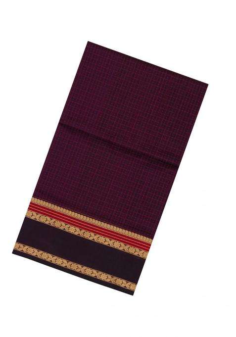 Burgundy Handloom Silk Cotton Saree With Checks With Checks And Stripes Design For Women