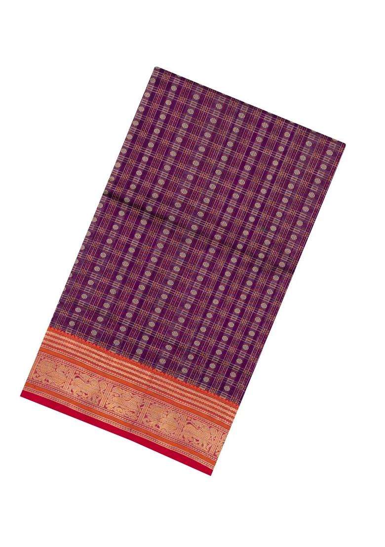 Purple Handloom Silk Cotton Saree With Checks With Checks And Stripes Design For Women - Indya