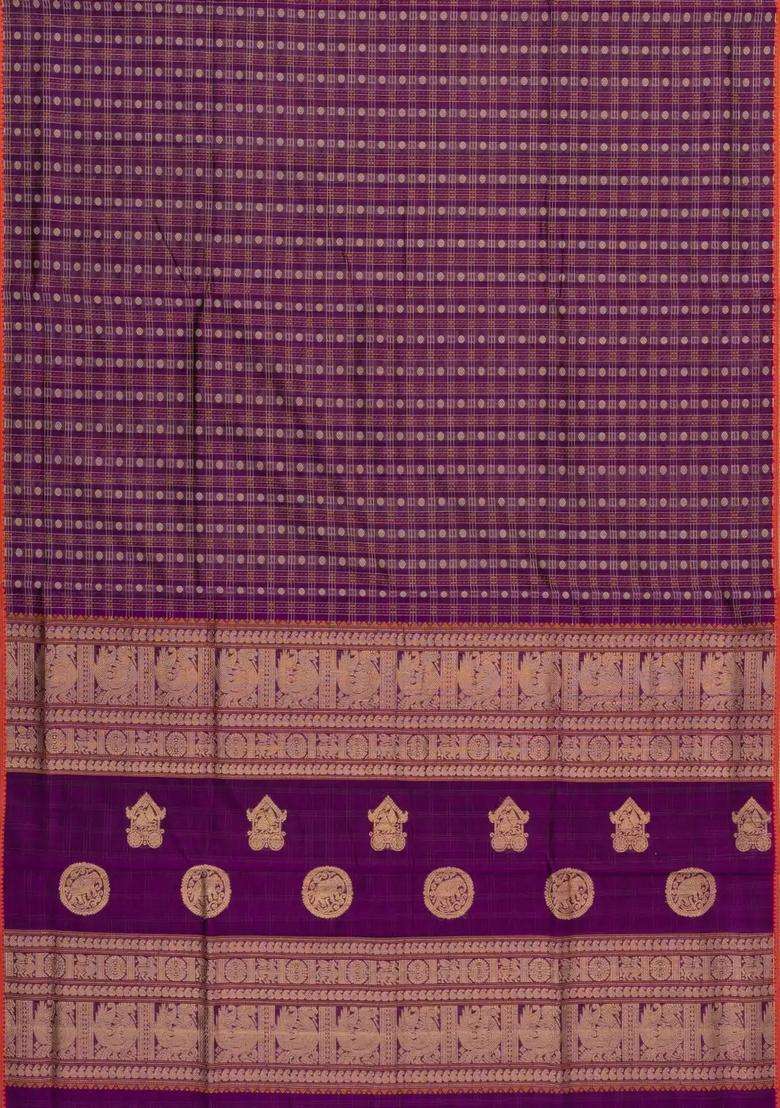 Purple Handloom Silk Cotton Saree With Checks With Checks And Stripes Design For Women - Indya
