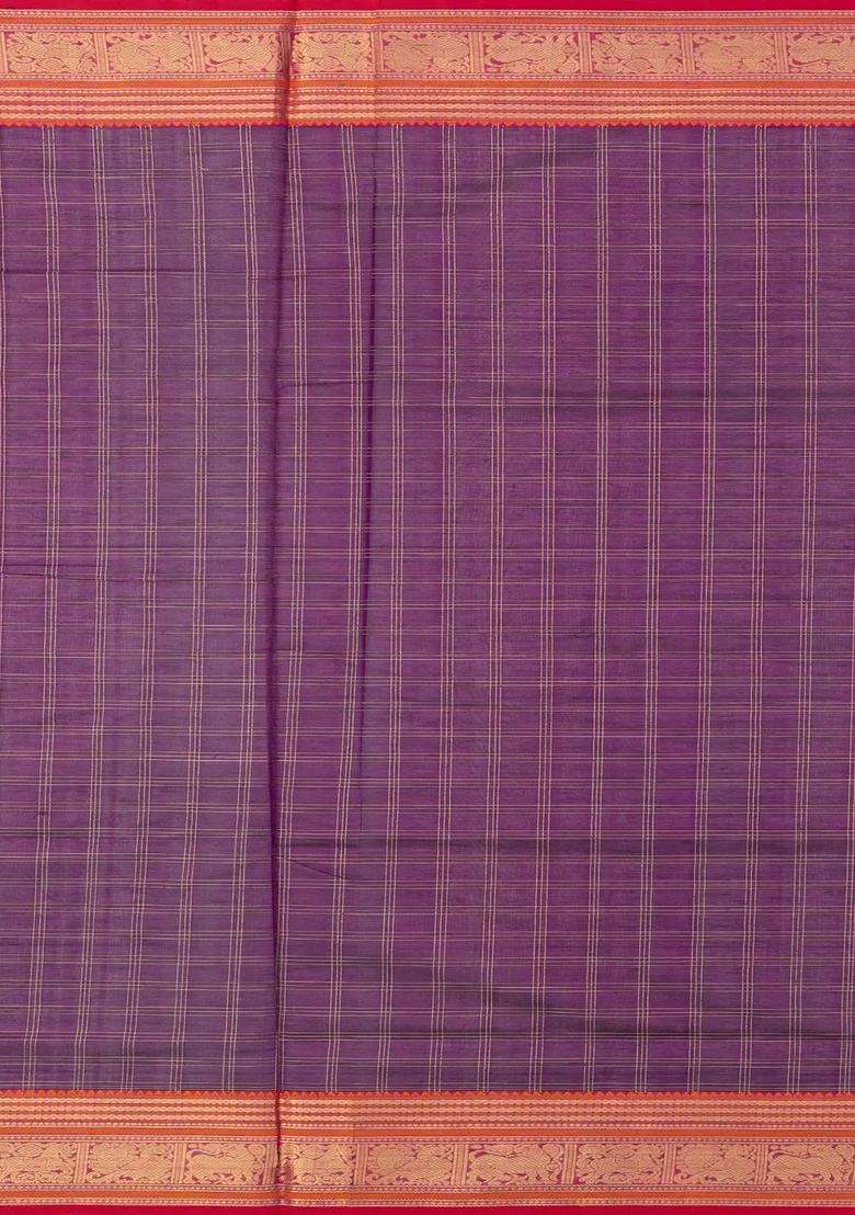 Purple Handloom Silk Cotton Saree With Checks With Checks And Stripes Design For Women - Indya