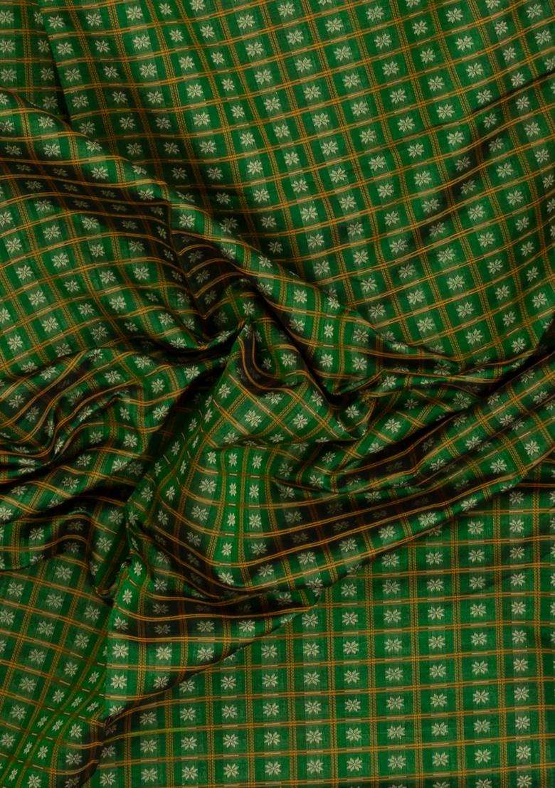 Green Handloom Silk Cotton Saree With Checks With Checks And Stripes Design For Women - Indya