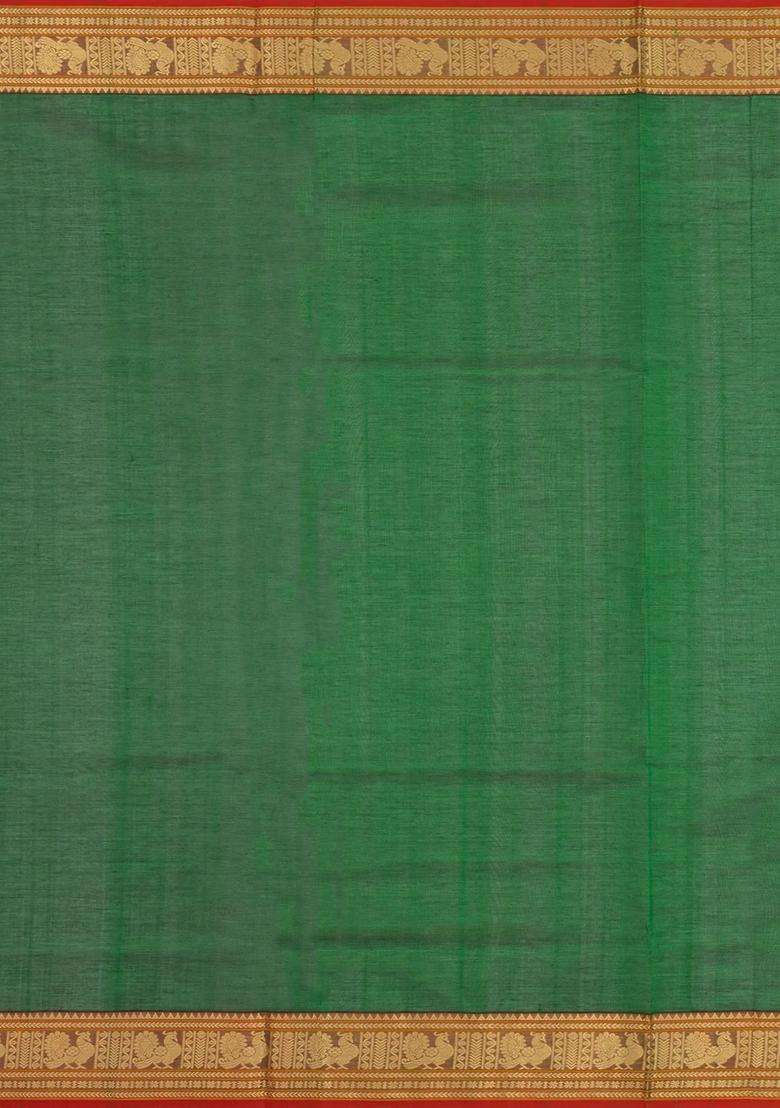 Green Handloom Silk Cotton Saree With Checks With Checks And Stripes Design For Women - Indya