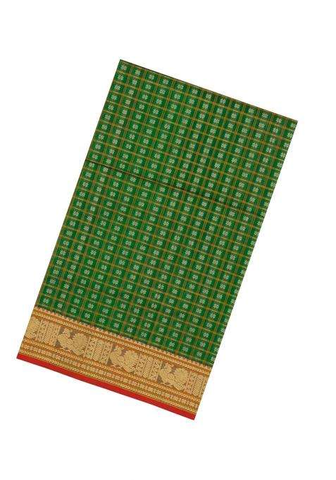 Green Handloom Silk Cotton Saree With Checks With Checks And Stripes Design For Women