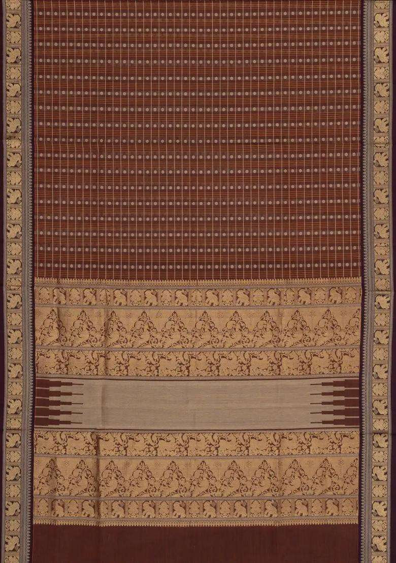 Brown Handloom Silk Cotton Saree With Checks With Checks And Stripes Design For Women - Indya