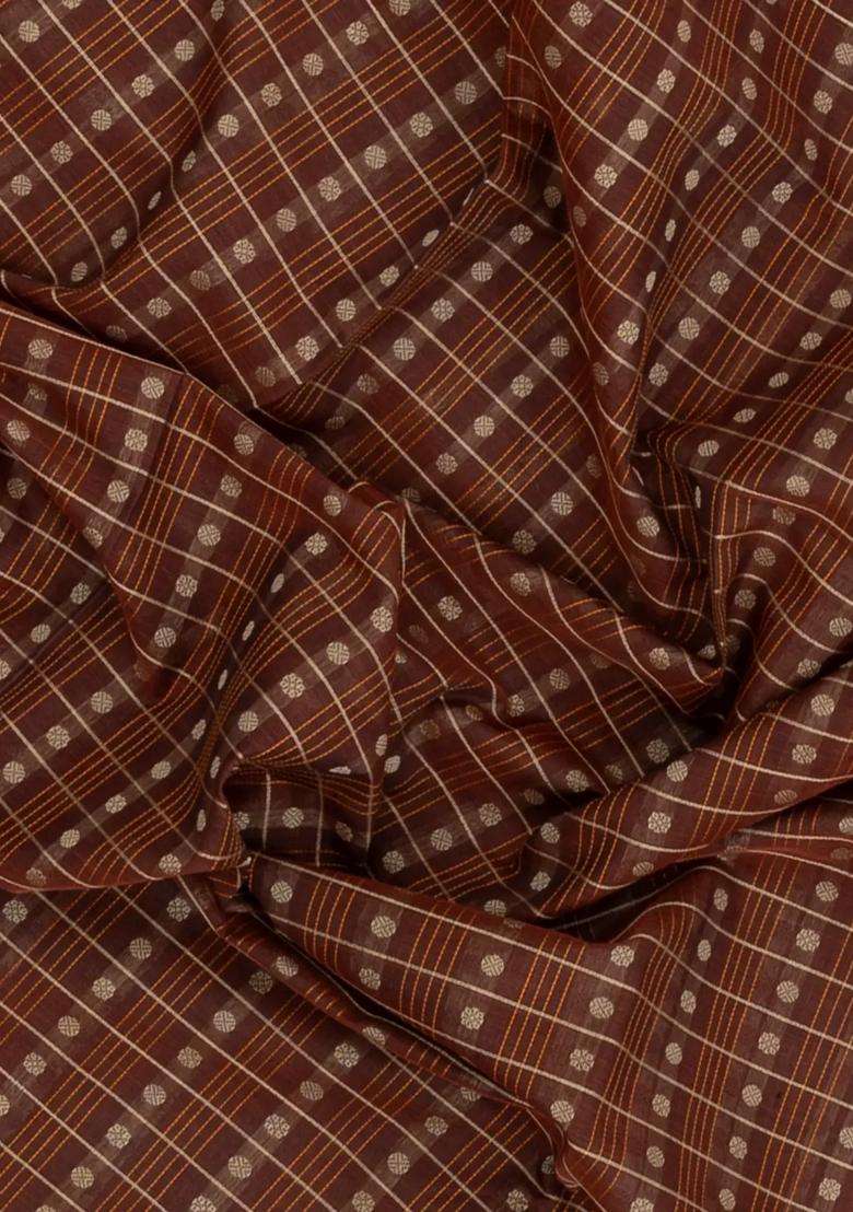 Brown Handloom Silk Cotton Saree With Checks With Checks And Stripes Design For Women - Indya