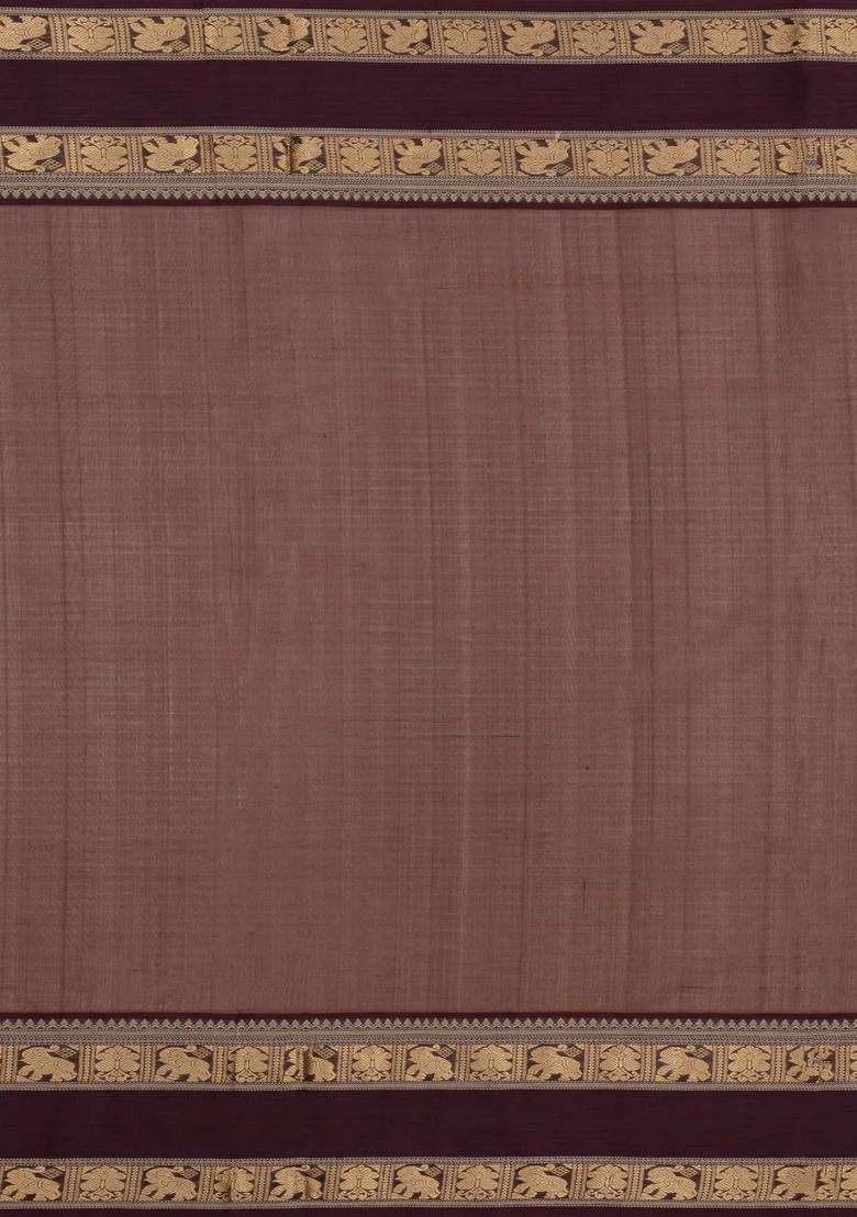 Brown Handloom Silk Cotton Saree With Checks With Checks And Stripes Design For Women - Indya