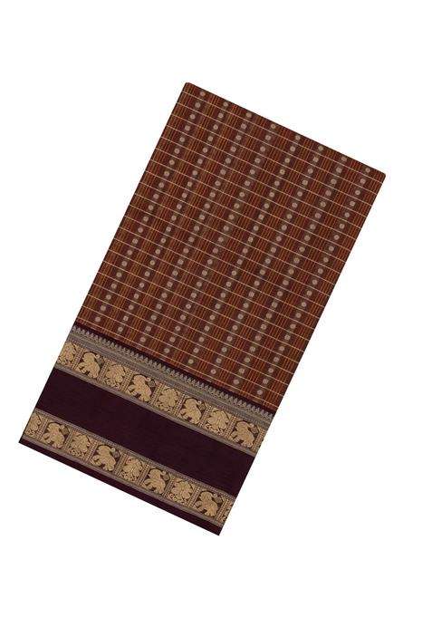 Brown Handloom Silk Cotton Saree With Checks With Checks And Stripes Design For Women