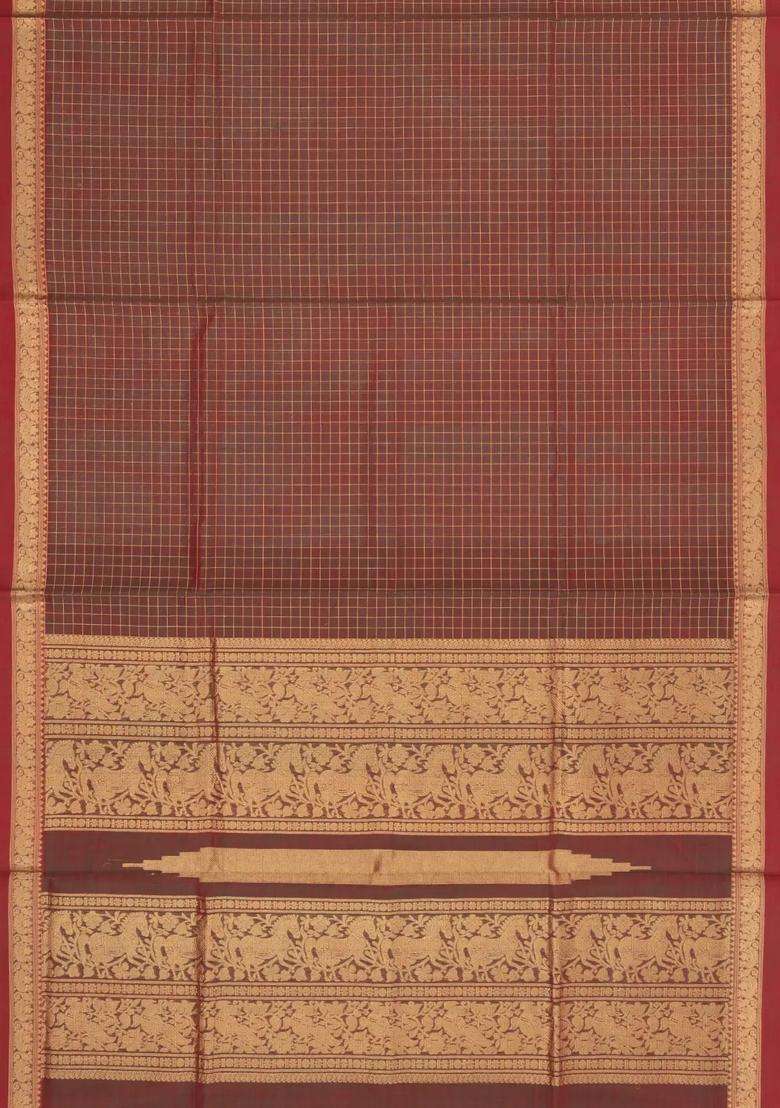 Crimson Handloom Silk Cotton Saree With Checks With Checks And Stripes Design For Women - Indya