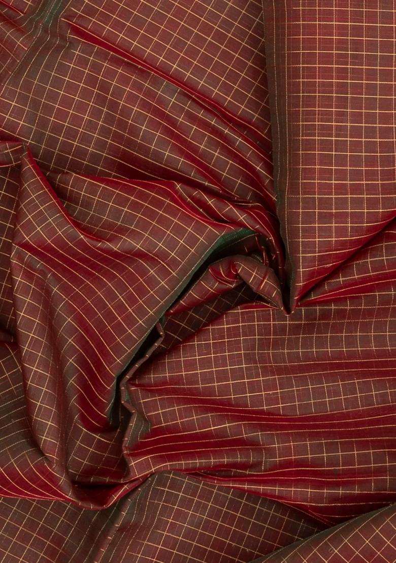 Crimson Handloom Silk Cotton Saree With Checks With Checks And Stripes Design For Women - Indya