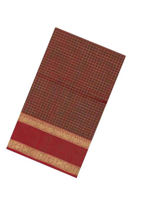 Crimson Handloom Silk Cotton Saree With Checks With Checks And Stripes Design For Women