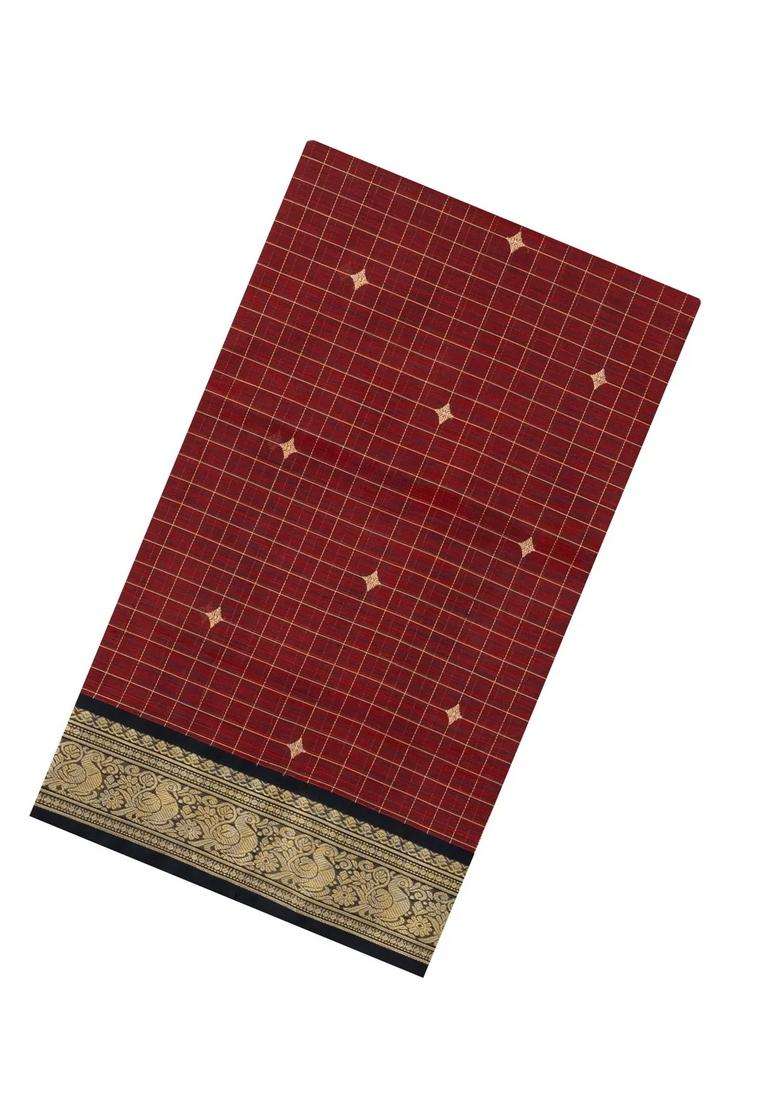 Maroon Handloom Silk Cotton Saree With Checks With Checks And Stripes Design For Women - Indya